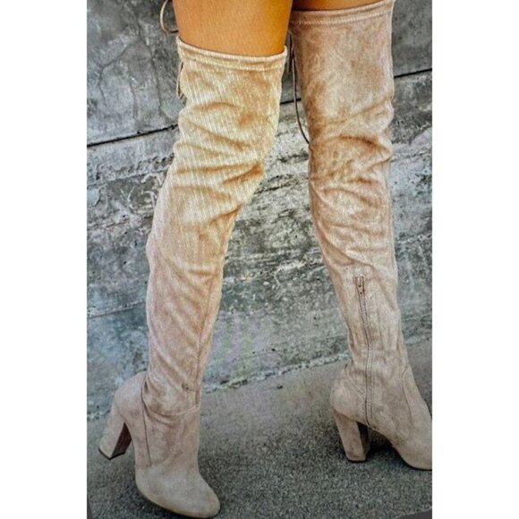 Lulu's Taupe Over-The-Knee Medieval Heeled Boots Side Zipper & Tie Closures 8.5 - Picture 2 of 9